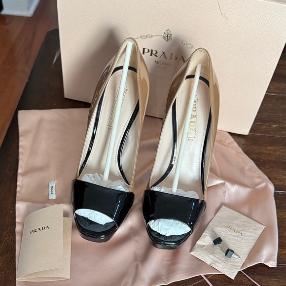 Prada Shoes - Prada Black and Cream Peep-Toe Heels
